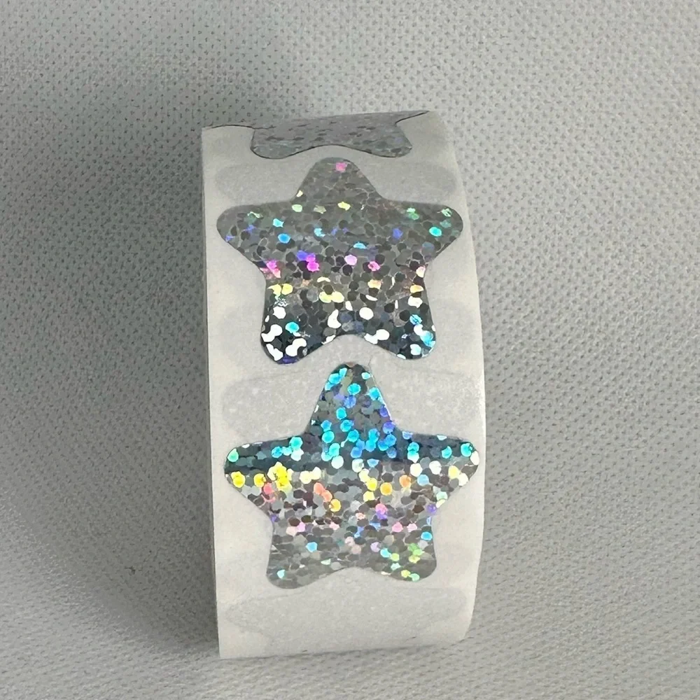 Holographic Silvery Star Stickers Self Adhesive Metallic Glitter Foil 1" - Picture 9 of 10